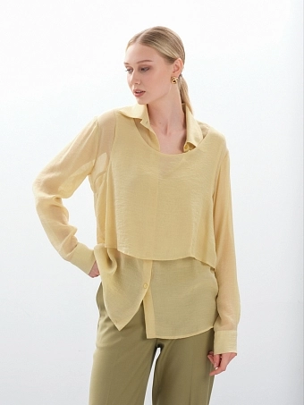 Блузка женская желтая / Нарядная двухслойная / Офисная с длинным рукавом