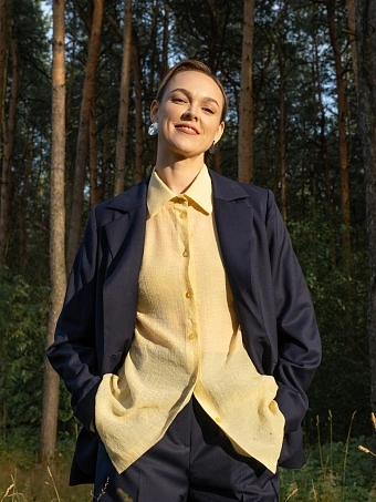 Блузка женская желтая / Нарядная двухслойная / Офисная с длинным рукавом