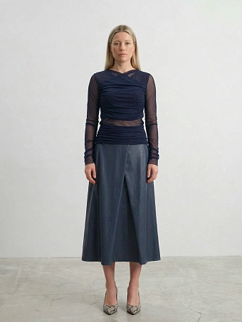 Синяя юбка с клином из экокожи